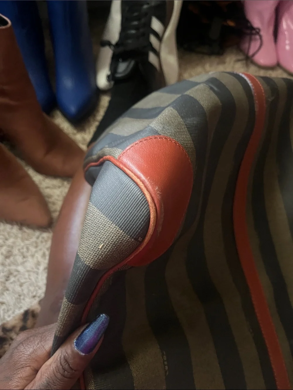 Fendi Olive and Black Striped Hobo with Brown Leather Trim